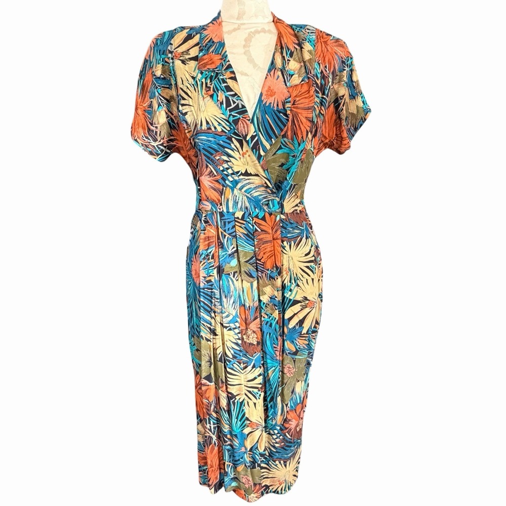 VTG Nina Piccalino Dress 6 Hawaiian Floral Wrap Tradwife Prairie 80s Resort Wear